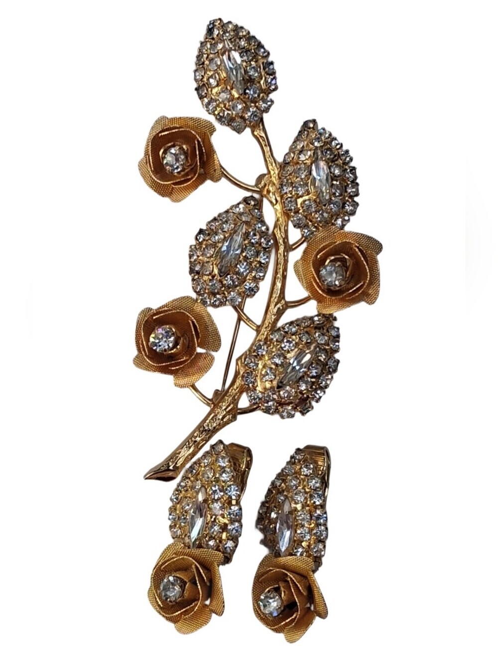 Vintage Gold Tone Rhinestone Mesh Rose Brooch & Clip-On Earrings Set